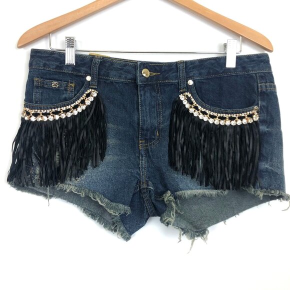 New Sparkle Women's Booty Shorts Sz 13 Jrs Fringe Rhinestones Raw Hem Destroyed - Picture 1 of 13